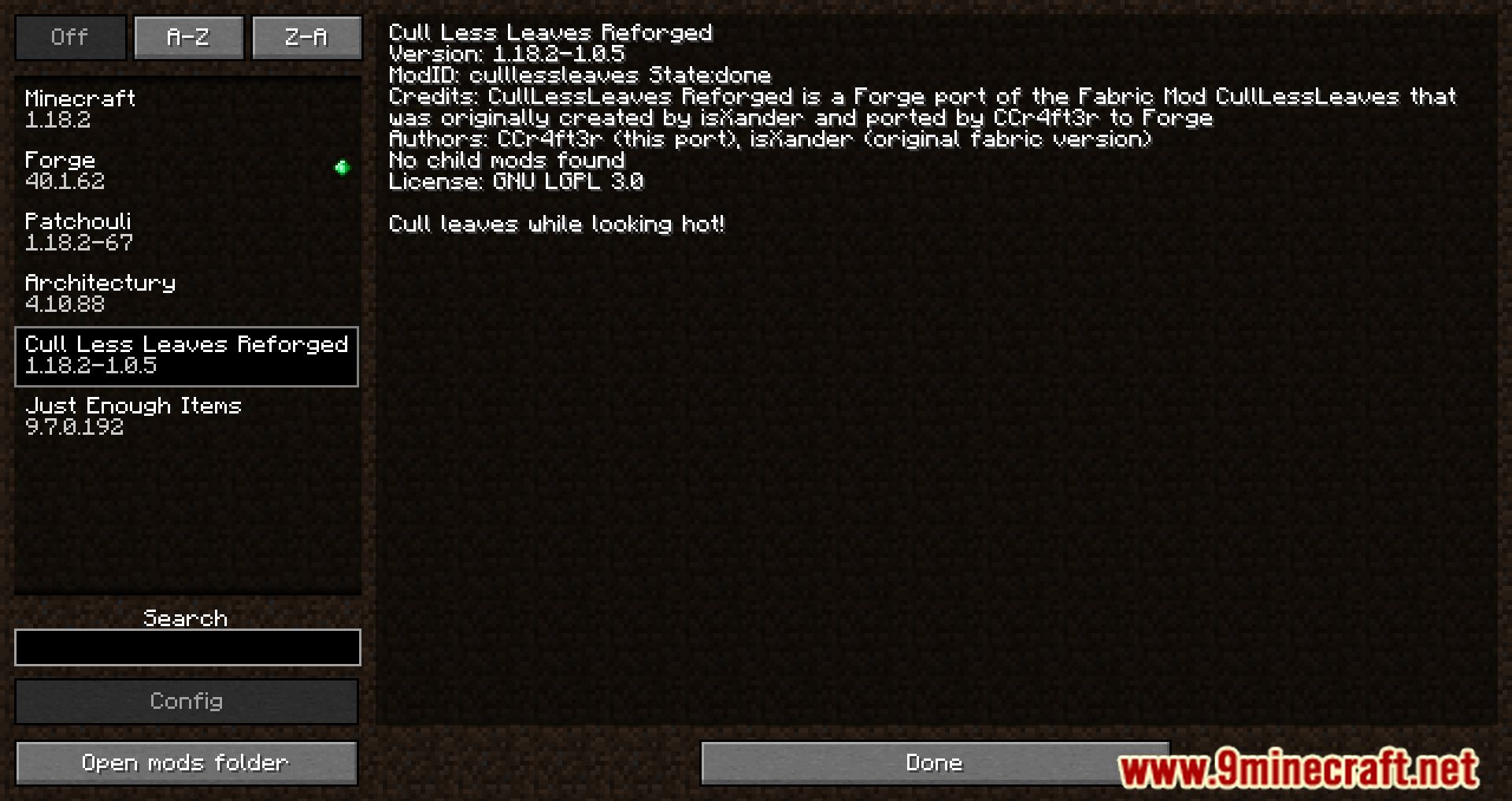 description_0 Cull Less Leaves Reforged Mod (1.20.2) - Melhora o visual e o desempenho da sua Minecraft.
