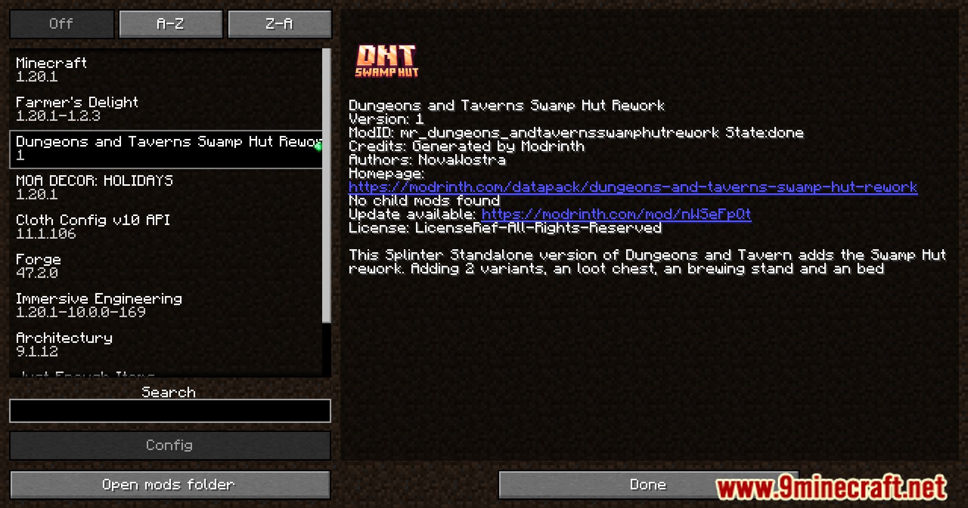description_0 DnT swamp hut overhaul mod - Activate the swamp and 1 hut at the same time.