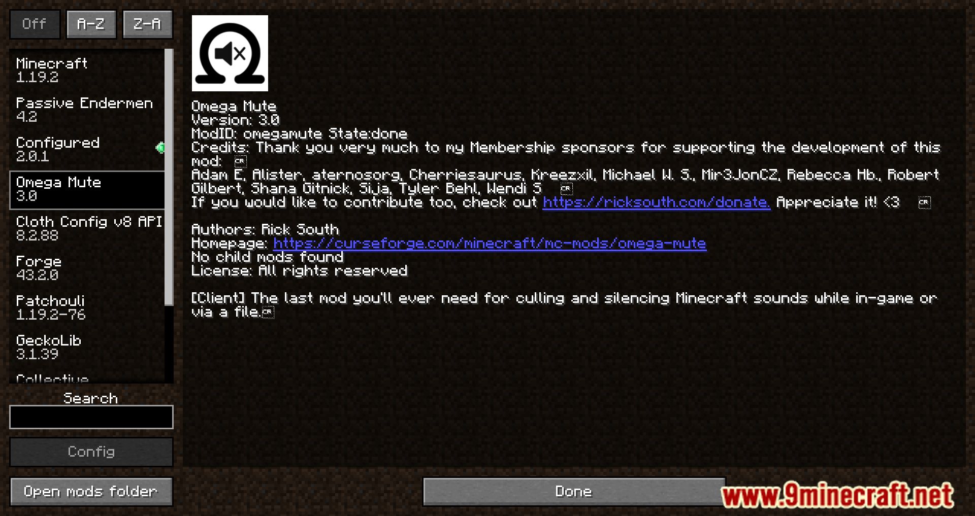 image 1 for Omega Mute Mod (1.20.6) - silencia o silencia todos los sonidos en Minecraft