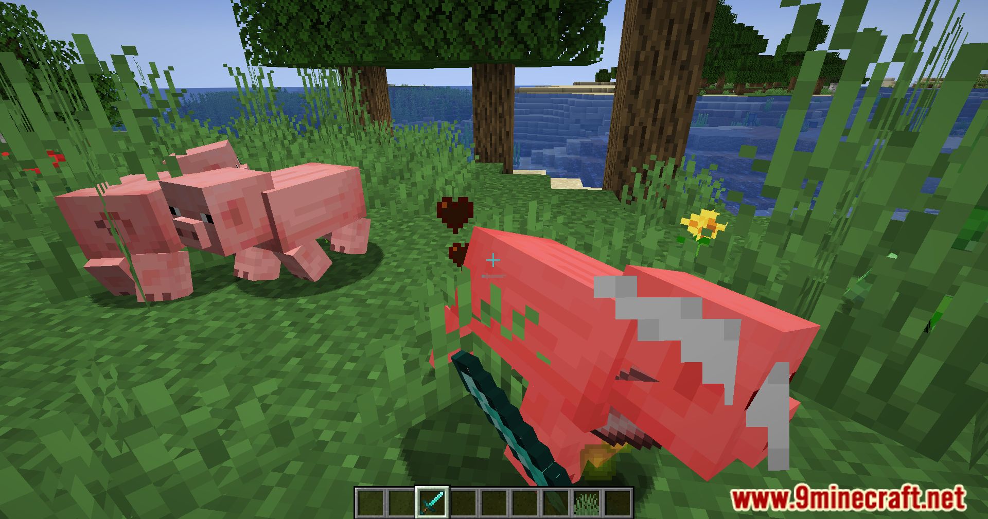 description_2 Clean Swing Through Grass Mod - Improves combat in Minecraft with green color.