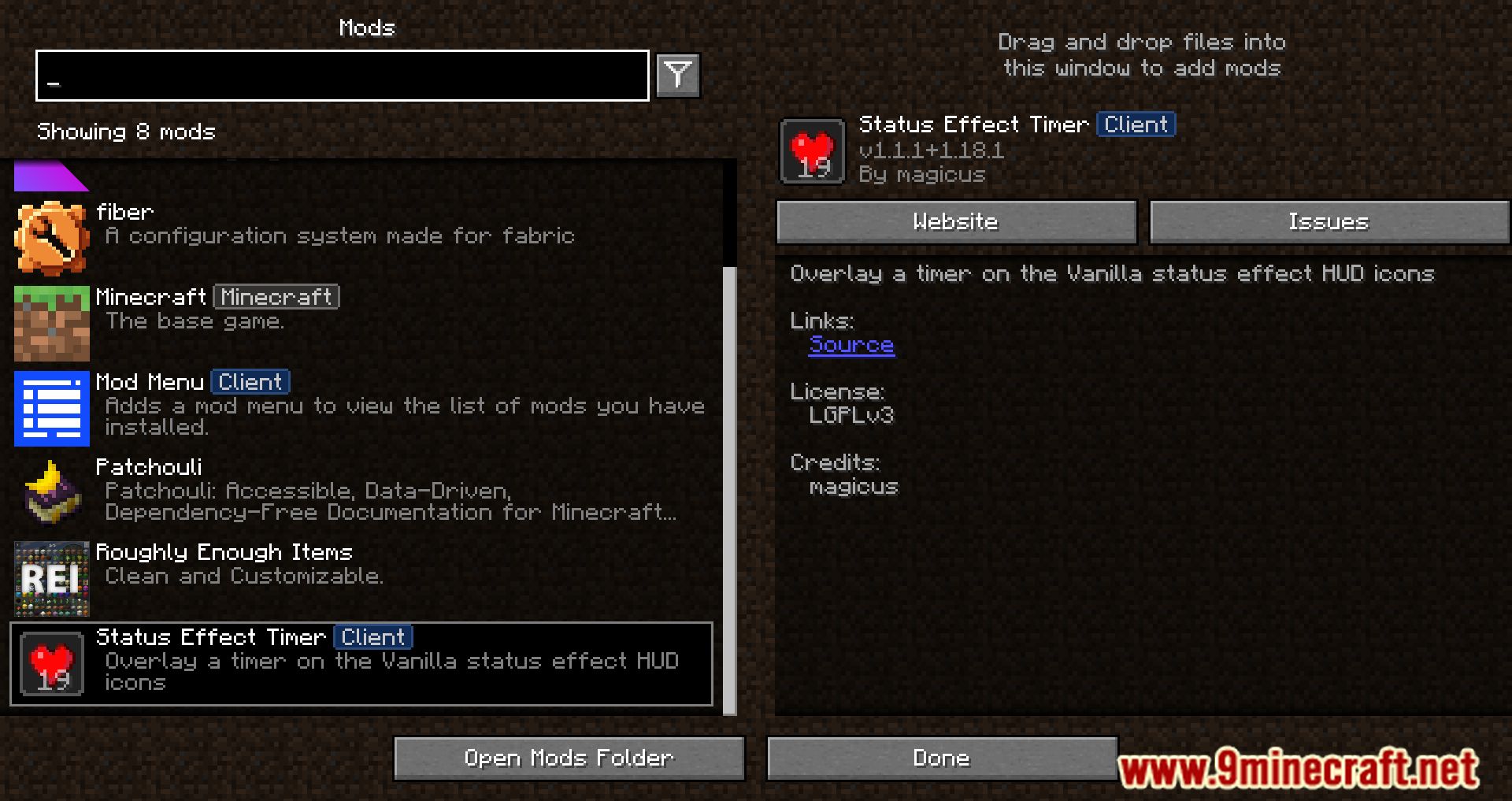 description_0 Status Effect Timer Mod (1.20.4) - Overlay a timer on vanilla status effects.