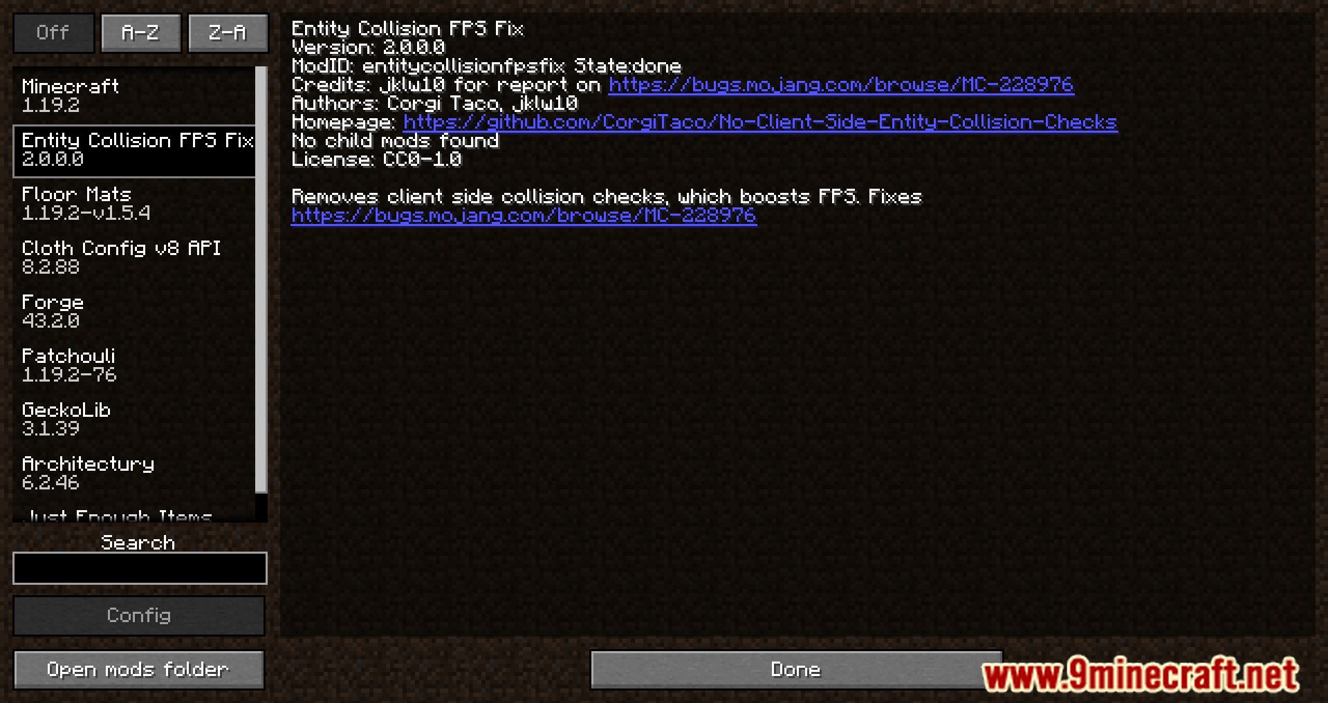 image 1 for Entity Collision FPS Fix Mod (1.19.2) - Mod para optimizar FPS en el lado del cliente