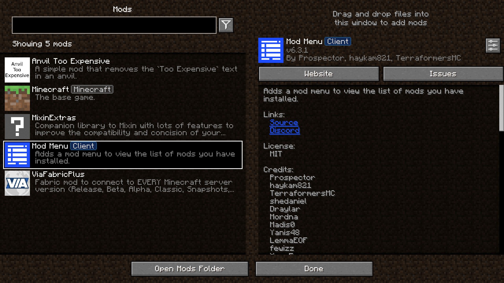 description_2 Mod Menu Mod (1.20.4) - список модов и удобный доступ к конфигурации