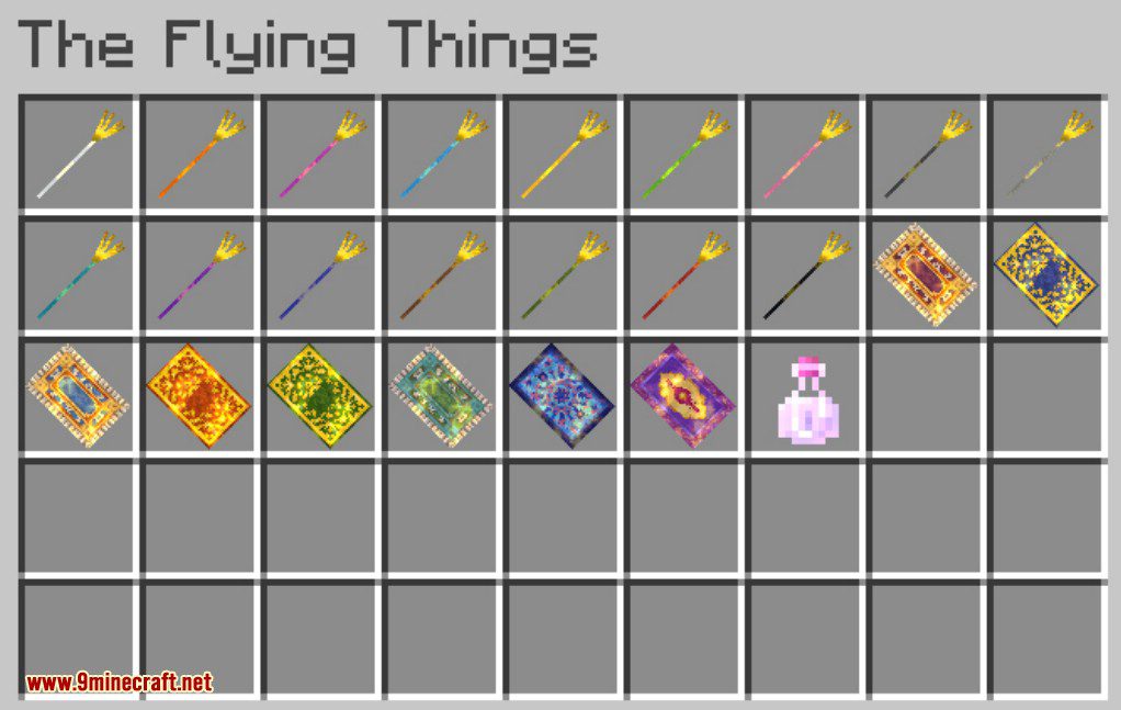 description_0 Flying Things Mod 1.15.2 (Vassoura mágica e tapete mágico)